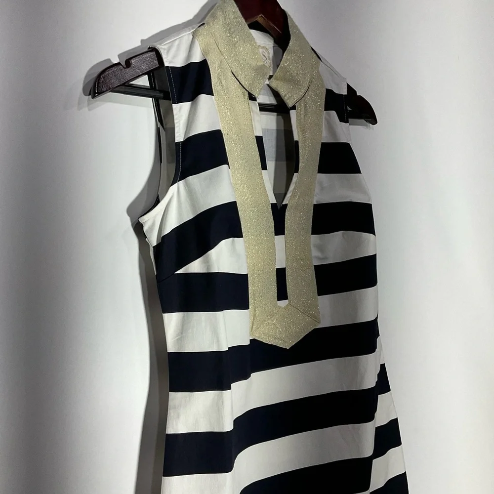 STS Sail to Sable navy & white striped dress gold collar & neckline, side zip XS - Picture 10 of 16